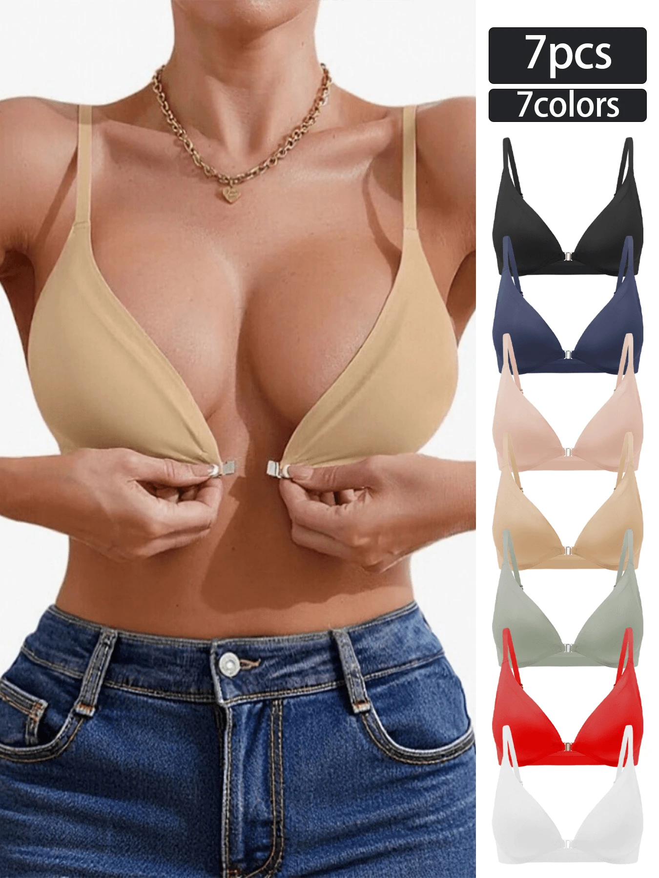 

Набор из 7 цветов, женские бюстгальтеры с застежкой спереди, бесшовные бюстгальтеры пуш-ап, беспроводные бюстгальтеры, базовая повседневная футболка, нижнее белье со съемной подкладкой