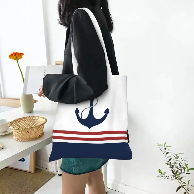 Custom Cute Print Nautical Navy Blue Anchor With Stripes Tote Shopping Bags Canvas Shoulder Shopper Sailing Sailor Handbag