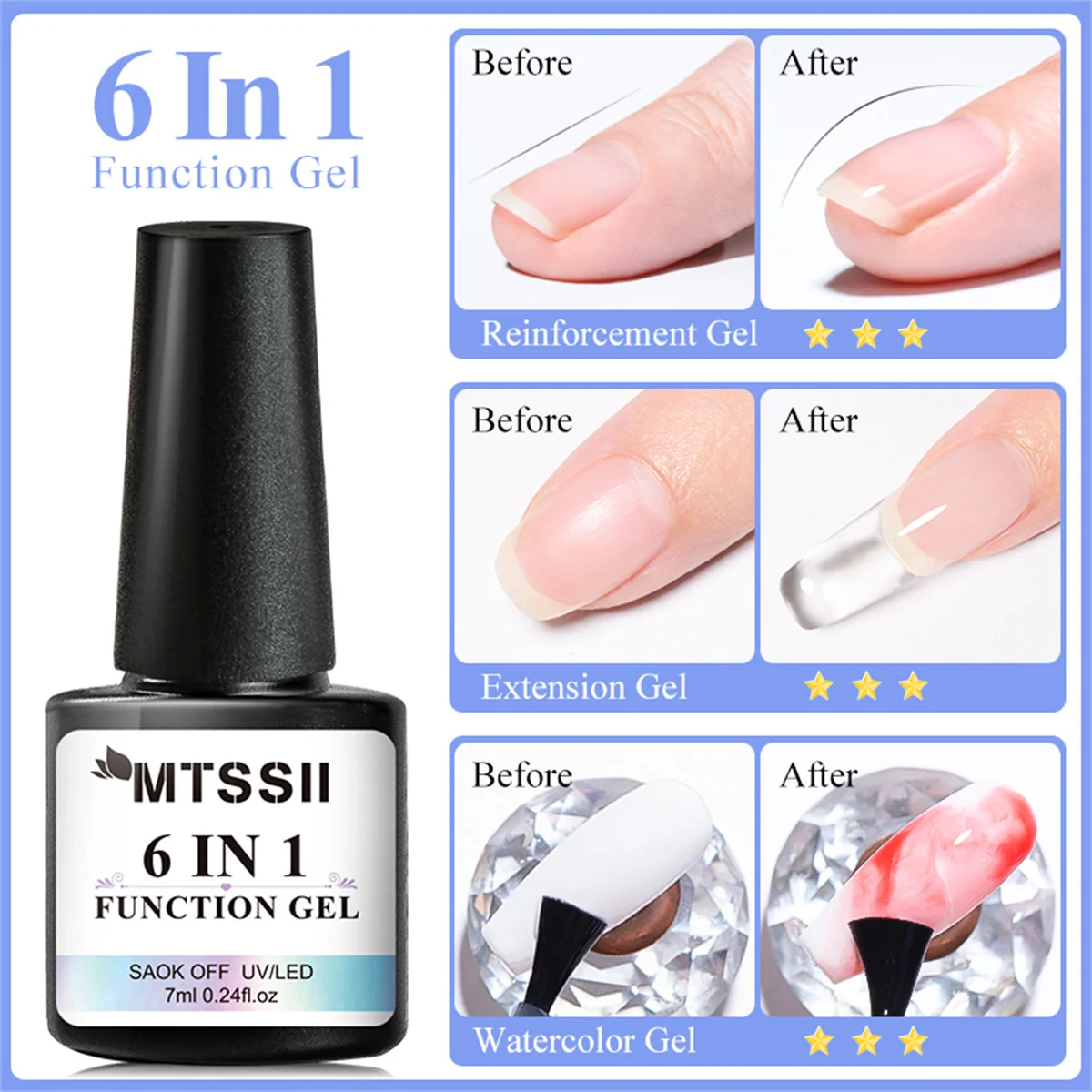 6-IN-1 nagellijmgel voor acrylnagels losweken basisgel toplaag UV-verlenging nagelgel valse nageltips gel, duurzame hechting