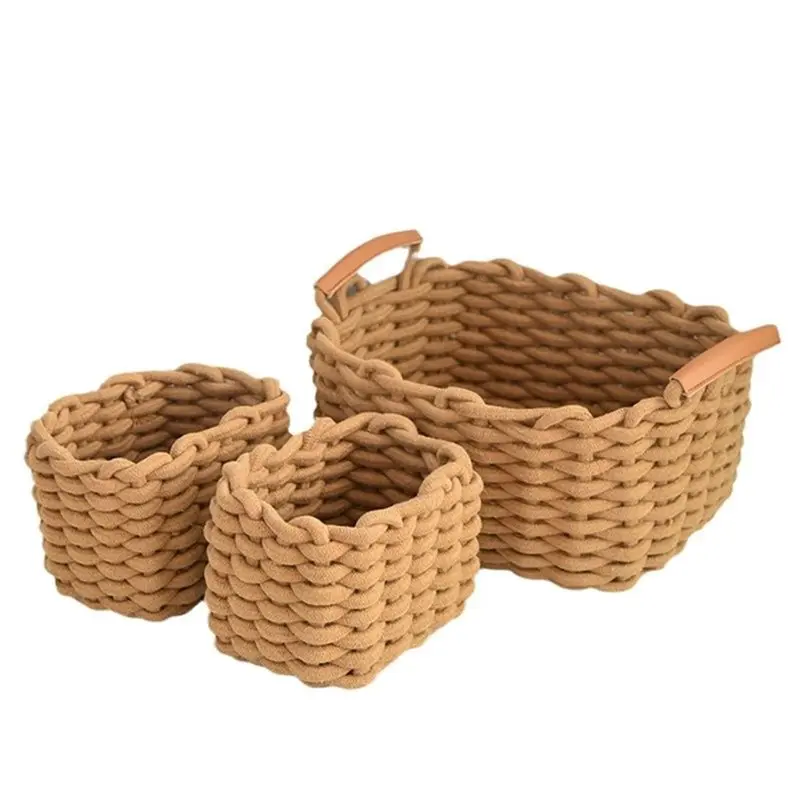 TFORU-Khaki Decorative Woven Cotton Rope Storage Baskets 3-Pack Nesting Organizer Bins With Handles