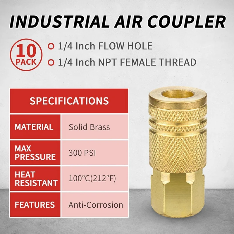 Coupler Industri Wanita Kuningan ABAE-1/4 Inci, 10 Pak Coupler Udara Koneksi Cepat NPT Internal untuk Aksesori Selang Udara