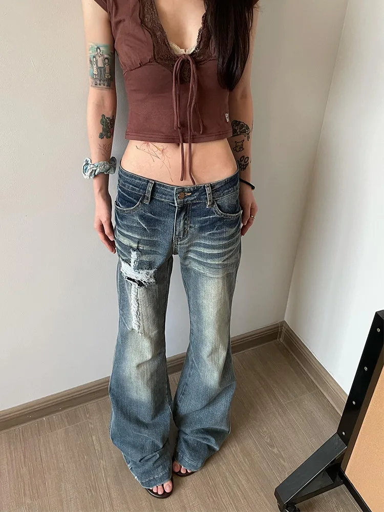 Women's Cross Hole Micro Flared Jeans Summer Street High Waist Pants Cool Girl Casual Sweatpants Female Straight Denim Trousers