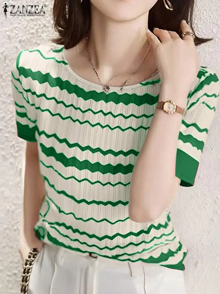 ZANZEA Summer T Shirts Casual Loose Holiday Knitted Tees Women Short Sleeve Boat Neck Blouses Vintage Striped Wave Printed Tops