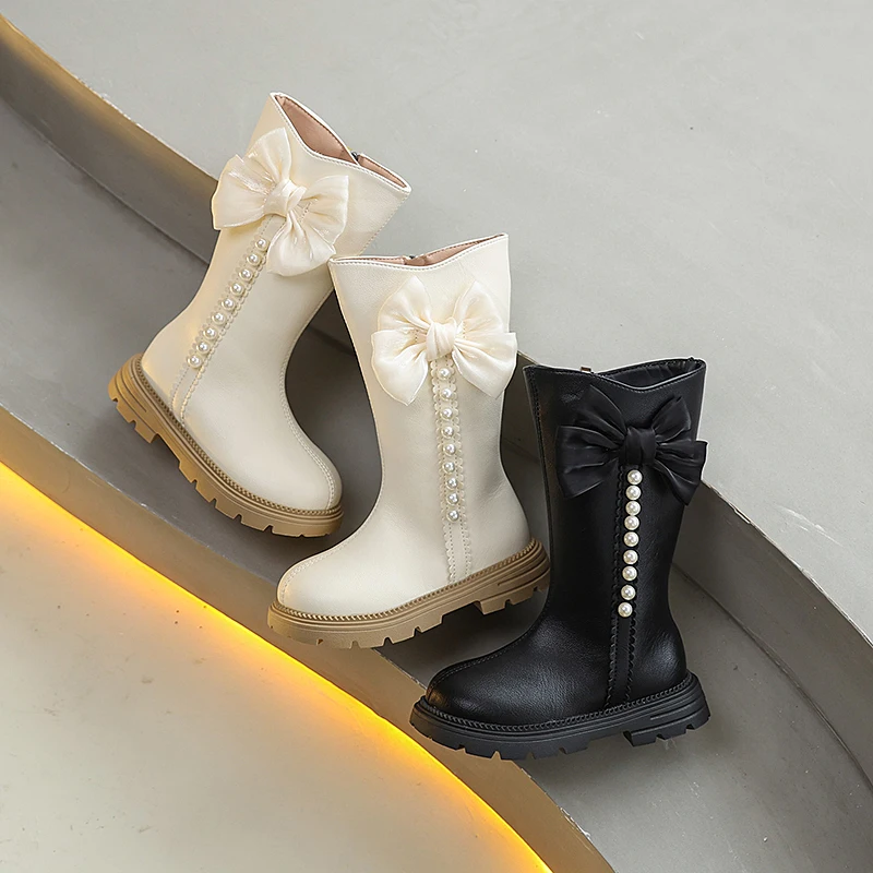 

New Girls School Mid-calf Boots Fashion Autumn Winter Children Causal Boots for Catwalk Sweet Bowknot Kids Long Boots Versatile