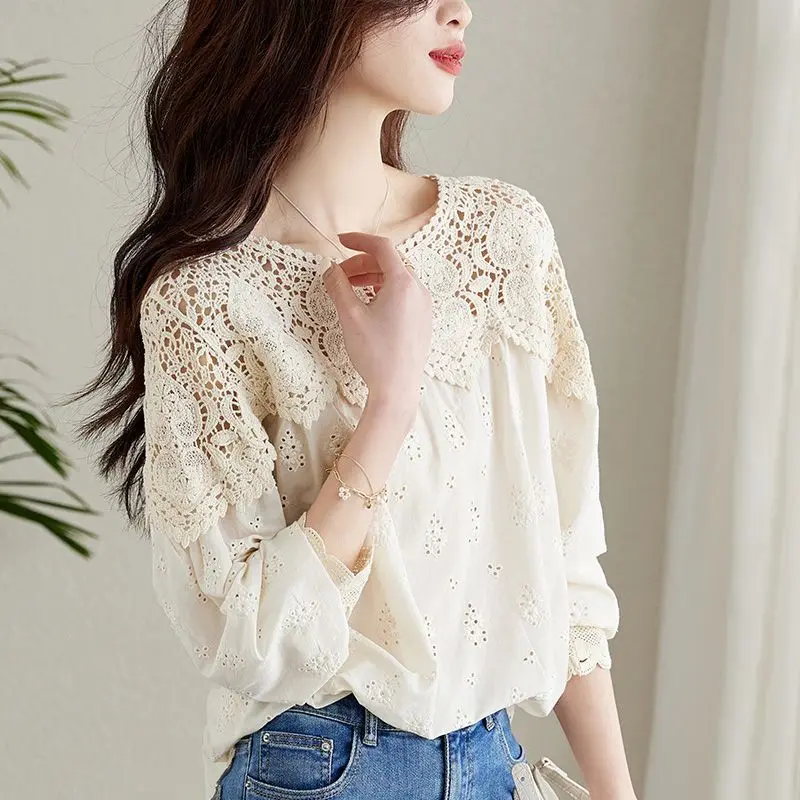

Кружевная рубашка, женская рубашка с длинными рукавами и вырезами, новый топ