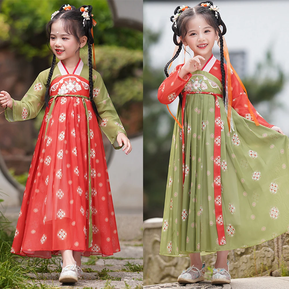 

Chinese Ancient Clothes Hanfu Dress For Girls Kids Halloween Party Carnival Cosplay Costume Han Fu Red Green Dress Children