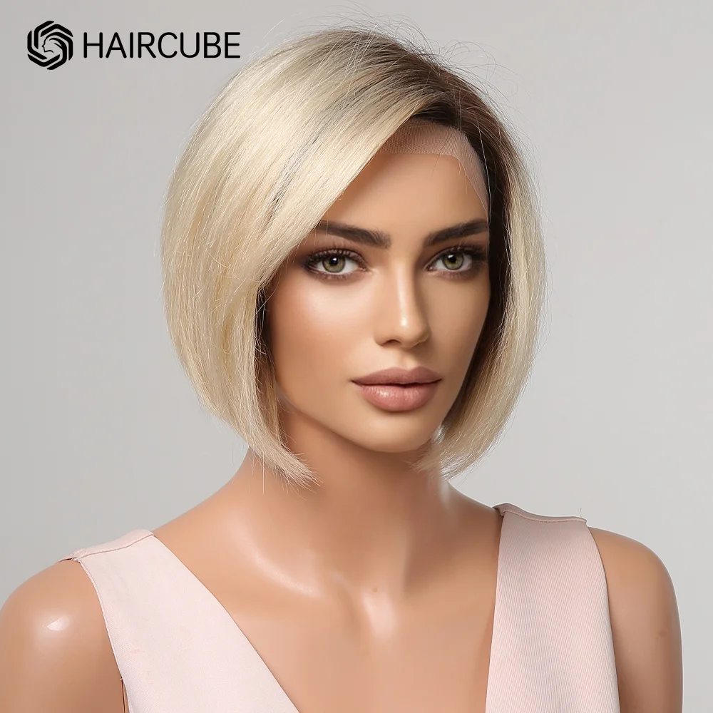 Pelucas de cabello humano con corte Bob para mujer, postizo de encaje frontal, corte Pixie rubio claro ombré, corte lateral recto, transparente