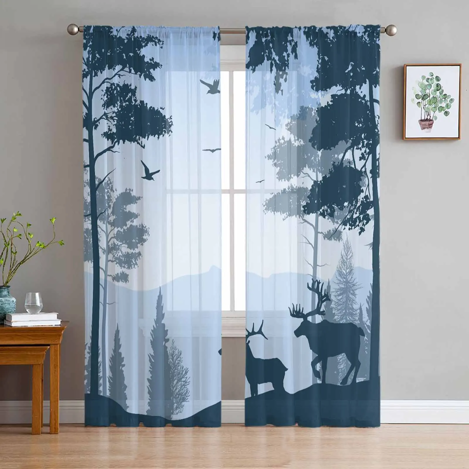 

Forest Deer Blue Curtains For Living Room Bedroom Kitchen Decoration Window Tulle Curtain