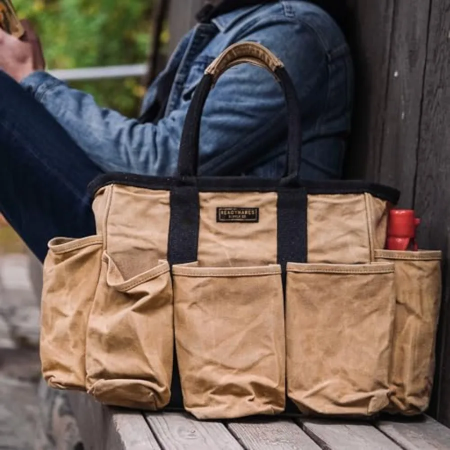 14 حقيبة إمداد قماش مشمع لأدوات الحدائق ومنظم التنظيف وحقيبة تخزين متعددة الاستخدامات مع جيوب باللون البني الثقيل Du #5