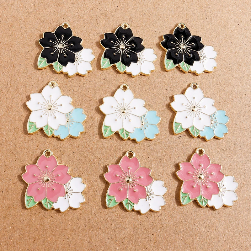 10pcs 27x24mm Enamel Sakura Cherry Blossom Charms Pendants for Jewelry Making Earrings Necklace DIY Bracelet Accessories