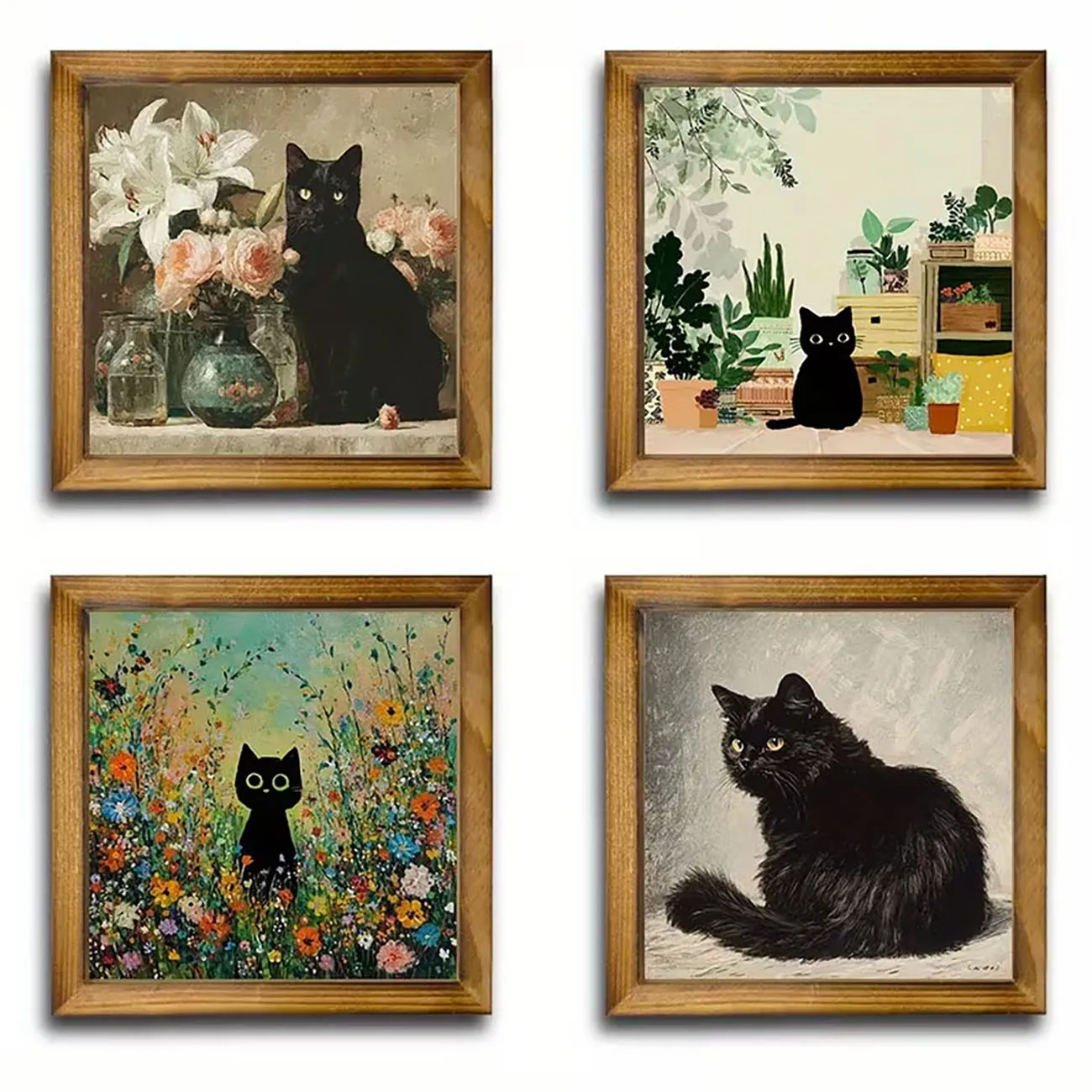 4pcs black cat framed wooden wall decor set. Nano tape included, no drilling needed for cottage style home decoration.