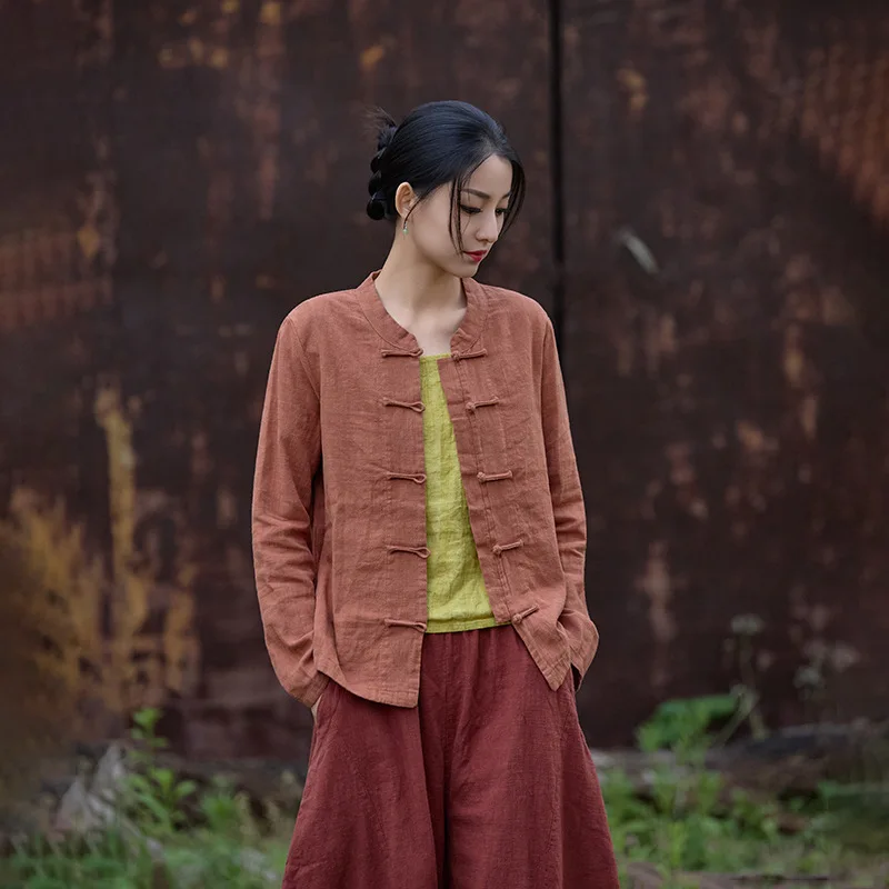 

Autumn Tang-style Blouse: Stunning Stand Collar, Frog Buttons, Slim-fit Zen Tea Cardigan.
