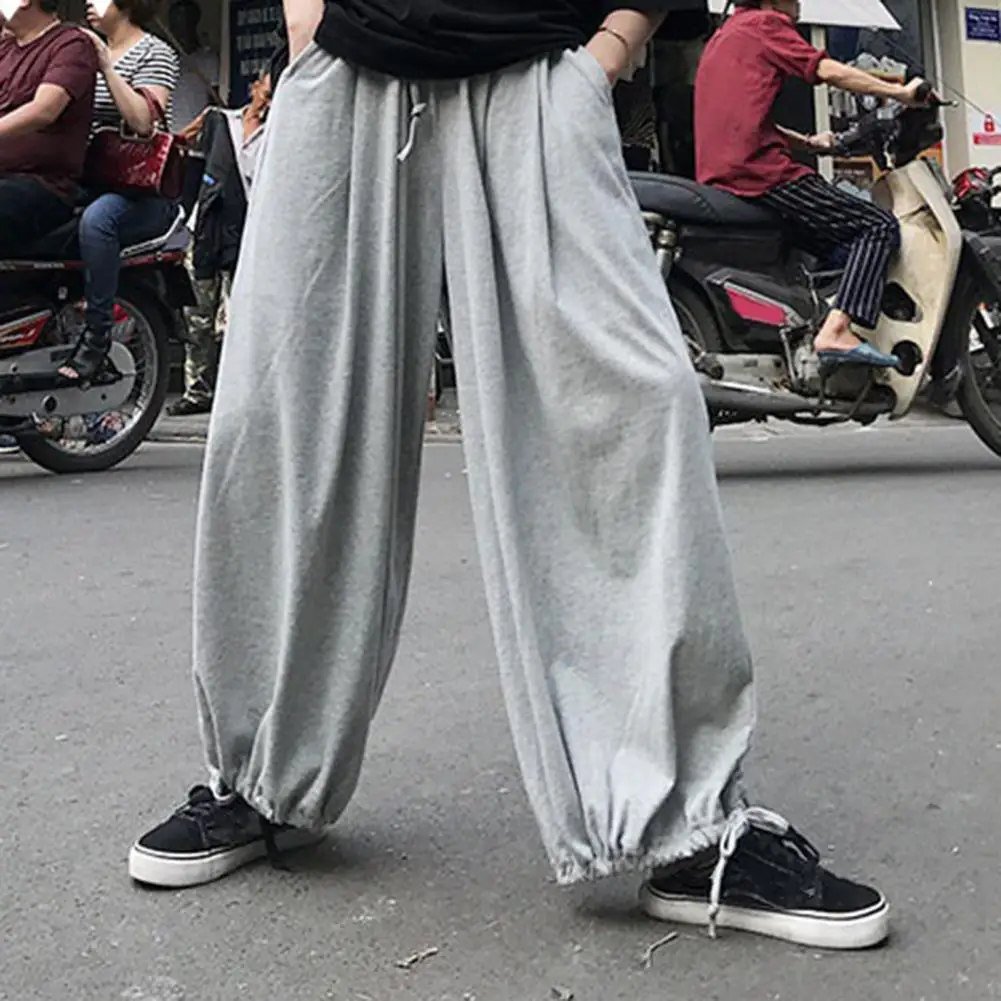 Men Joggers Sweatpants Men Lantern Pants Wide Leg Loose Deep Crotch Elastic Waist Ankle Length Solid Color Long Trousers