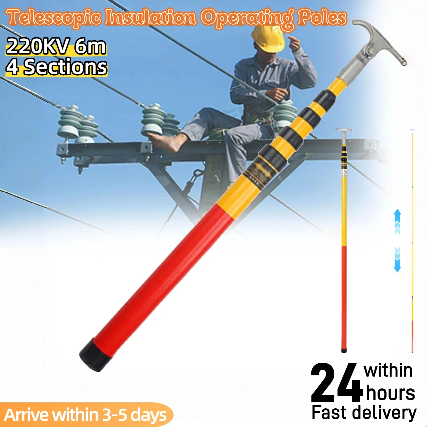 4 Sections High Voltage Insulated Rescue Hook 6M Electrician Insulation Operating Poles 220KV for Electric Power Maintenance