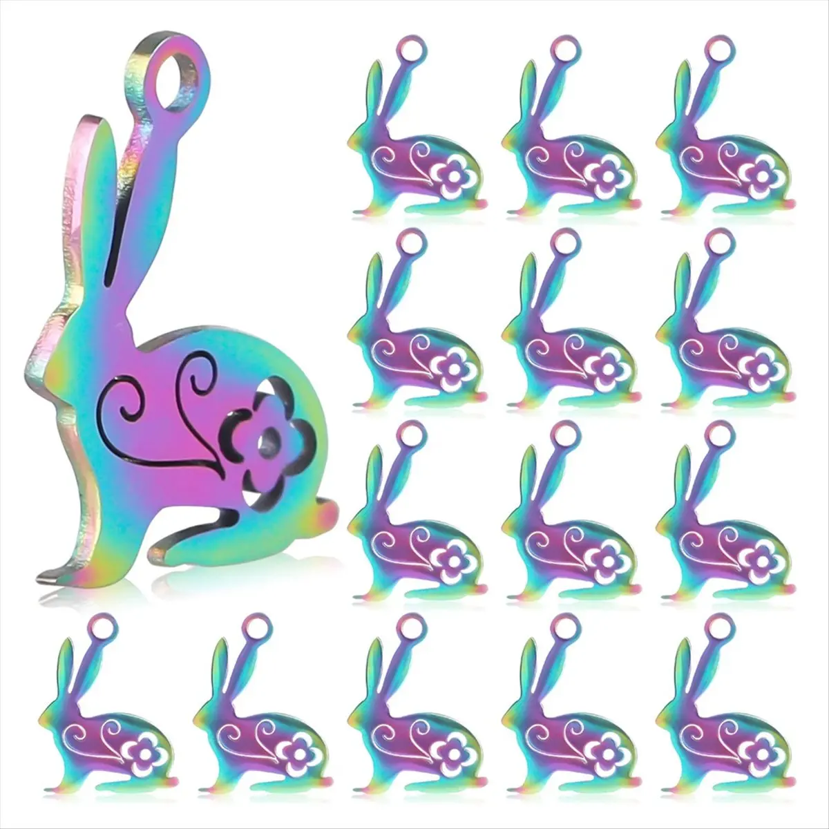 ABUA 20 PCS Stainless Steel Charms, Easter Bunny Pendants with Hollow Flower, Small Animal Metal Charms,Multicolor
