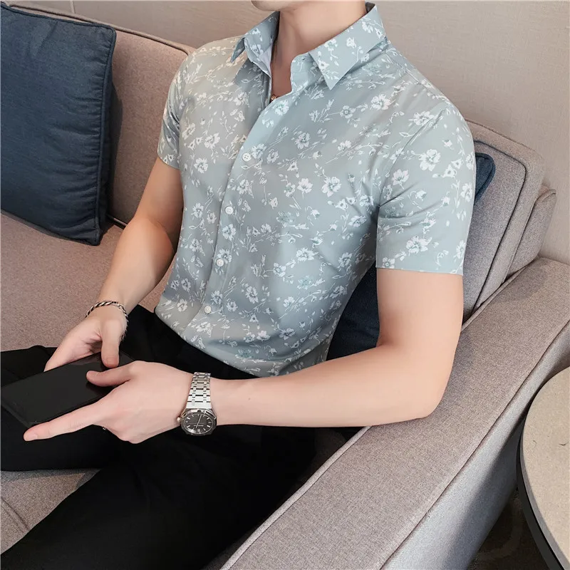 

2022 Summer Breathable Hawaiian Slim Fit Shirts Men Tree Printed Short Sleeve Button Down Vacation Chemise Homme Plus Size S-4XL