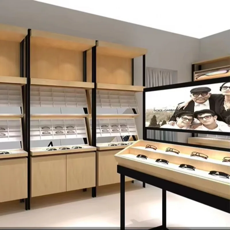 

на заказ.Настенная деревянная витрина для очков, витрина для очков, стеллажи для выставки товаров в торговом центре