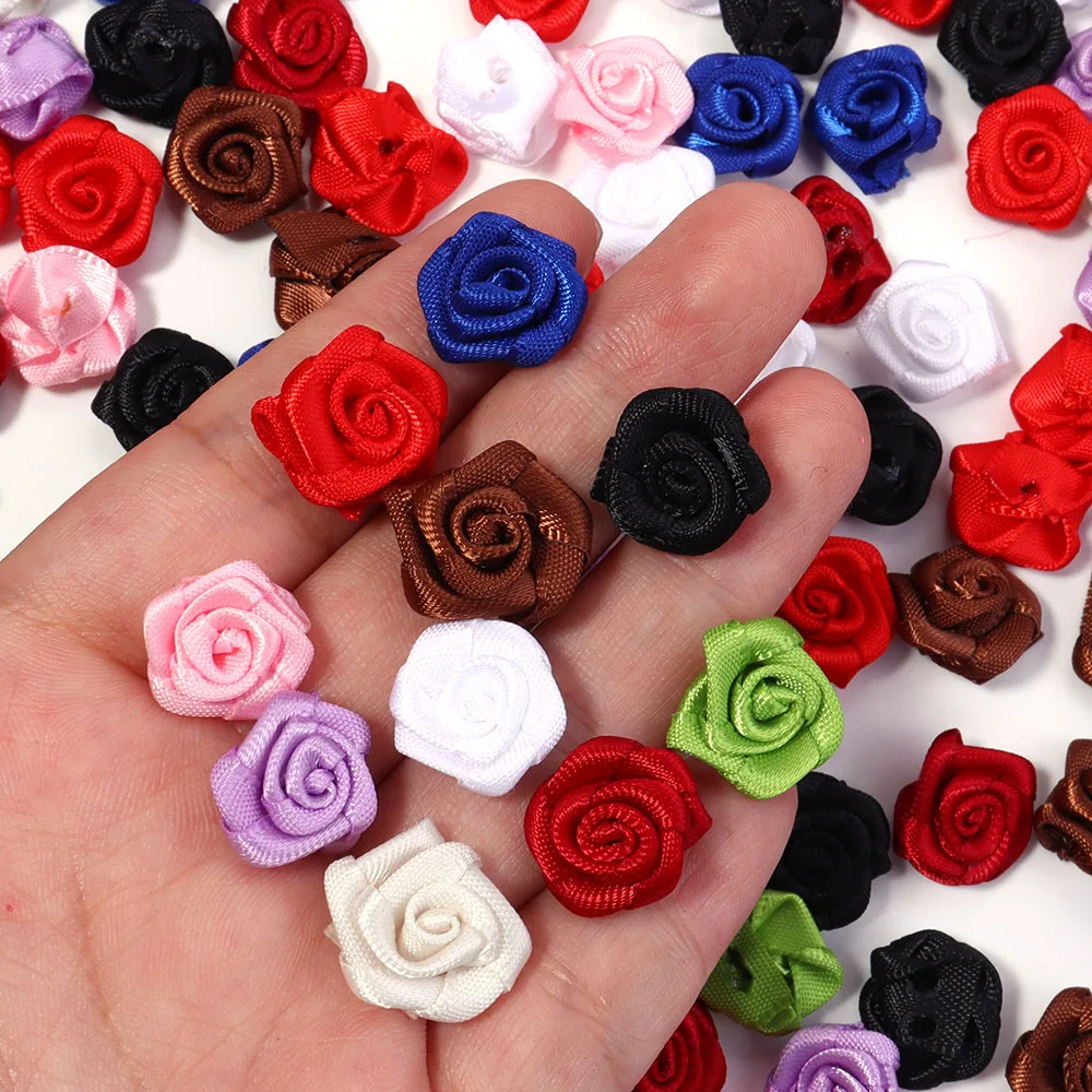 20Pcs/Lot 1.5cm Mini Fresh Pink Ribbon Flowers Small Size Satin Ribbon Artificial Rose Flower Craft Festive Party Decoration