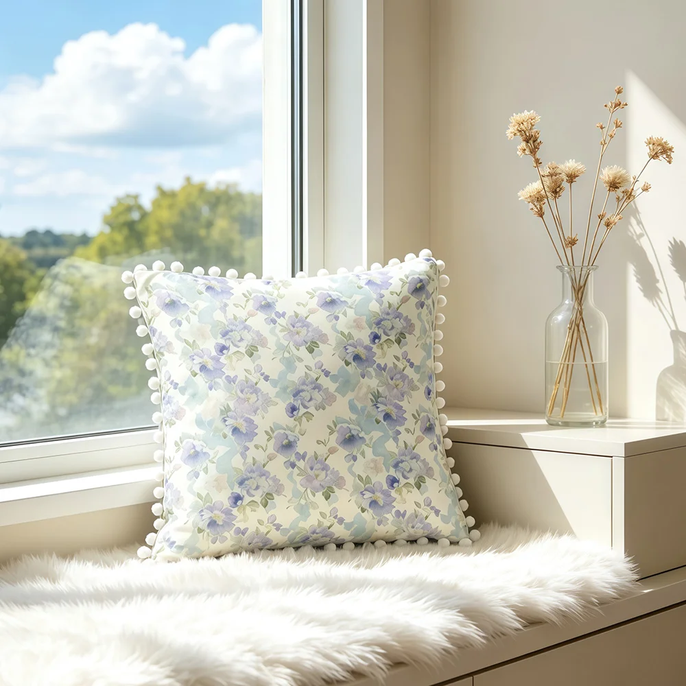 1pc Light Purple Blue Floral Ball Trim Decorative Pillowcase 100% Polyester Fiber Gentle Machine Wash Invisible Zipper Design No