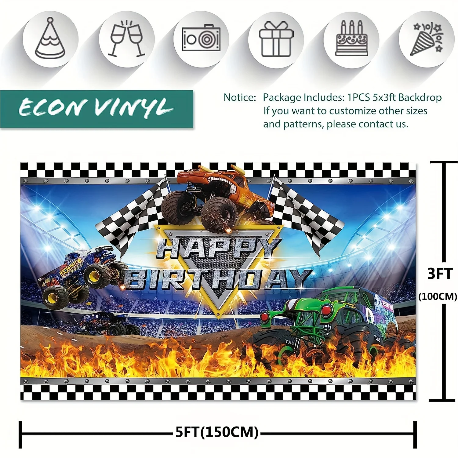 Monster Truck background, Happy Birthday background, wall decoration for birthday decoration photography