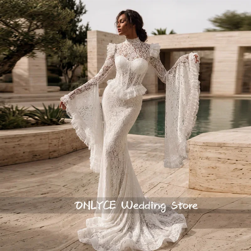 Stunning Full Lace Mermaid Wedding Dress Customized High Neck Ruffled Bridal Gown Open Back Tassel For Formal Wedding Ceremony