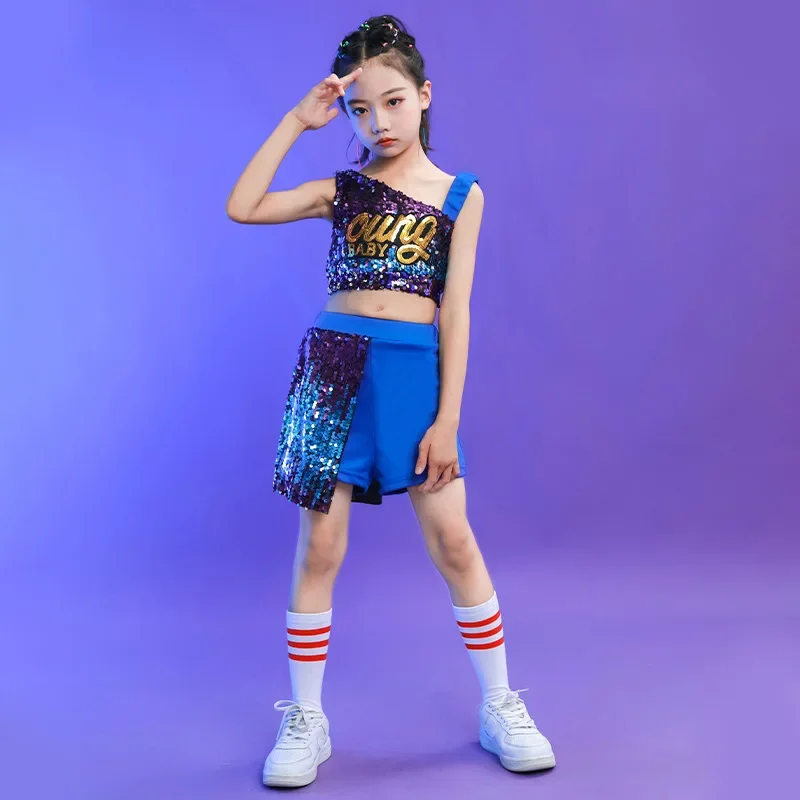 Kid Cool Kpop Hip Hop Clothing Blue Sequined One Shoulder T Shirt Crop Top Summer Shorts for Girl Jazz Dance Costume Clothes Set