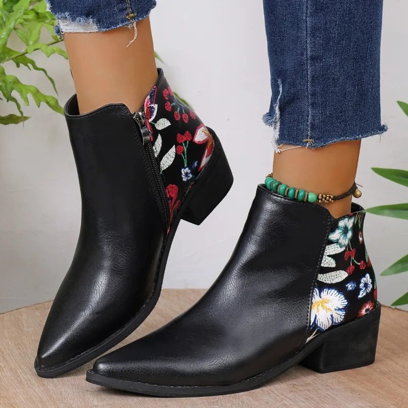 

2025 New Women Ankle Boots High Autumn Winter Warm Cotton Shoes Women Mid-heel Embroidered Mid-tube Boots Designer Woman Shoes