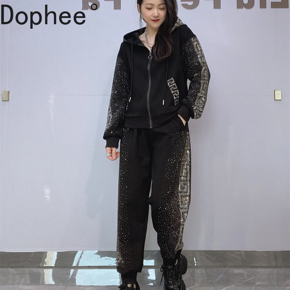 

2025 New Autumn Sports Hoodie Sets Geometry Hot Drilling Hooded Zip Cardigans Coat + Elastic Waist Shiny Diamonds Harem Pants