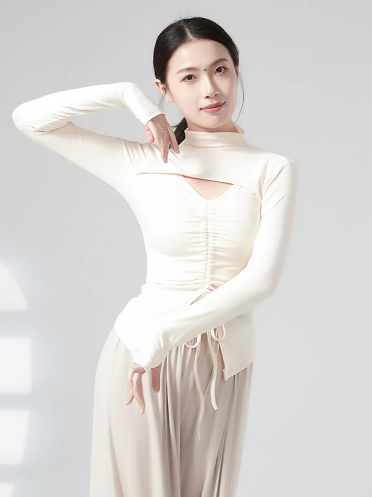 Top de manga larga ajustado con cuello alto y cordón de color liso para mujer – Ropa de actuación de danza clásica