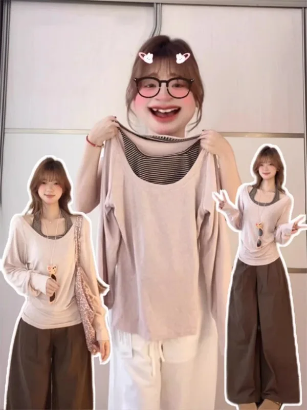 

Женский комплект из двух предметов: модная базовая футболка и полосатый жилет с длинным рукавом в американском стиле, приталенный крой, универсальный дизайн, большие размеры