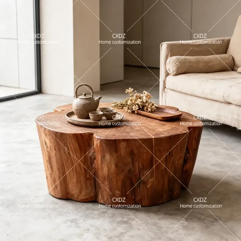 Medieval Wabi Sabi Solid Wood Coffee Table Natural Log Shape Creative Wooden Pier Pile Villa Hotel Zen Art Tea Table