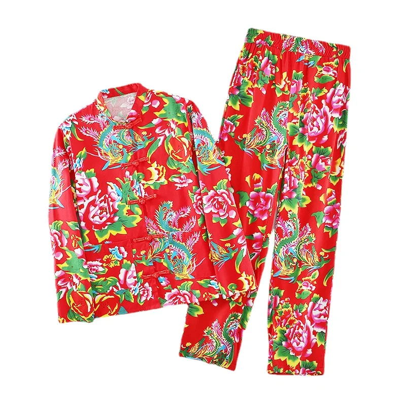 

Large Flower Cloth Thin Spring, Autumn and Summer Men's Upper Clothes Pants Suit Pure Cotton Baggy Coat Ethnic Style Costume