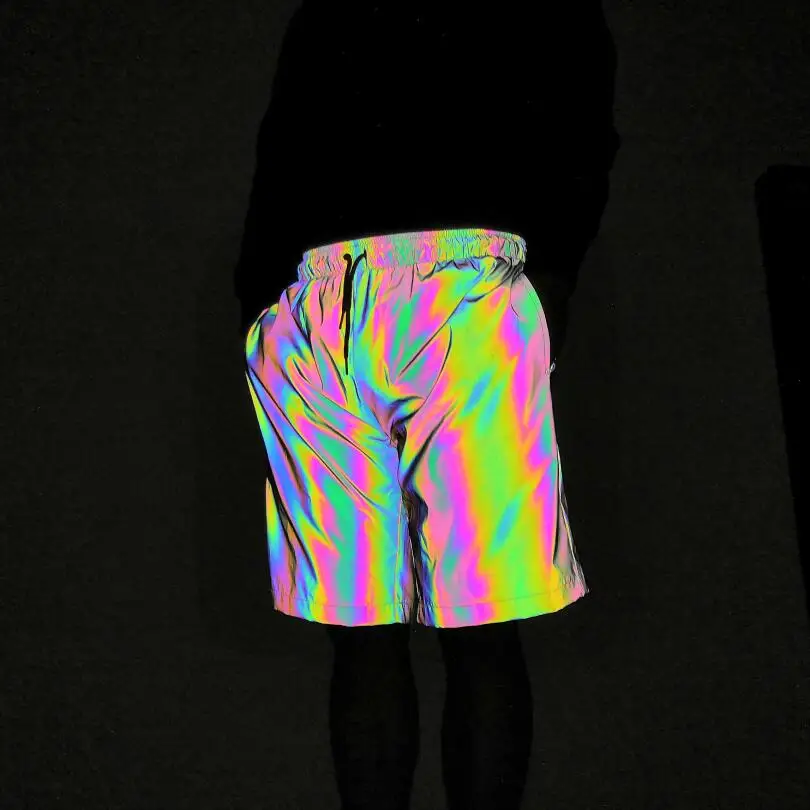 Fashion Holographic Men\'s Black Reflective Rave Rainbow Shorts Festival Party Psychedelic Shorts