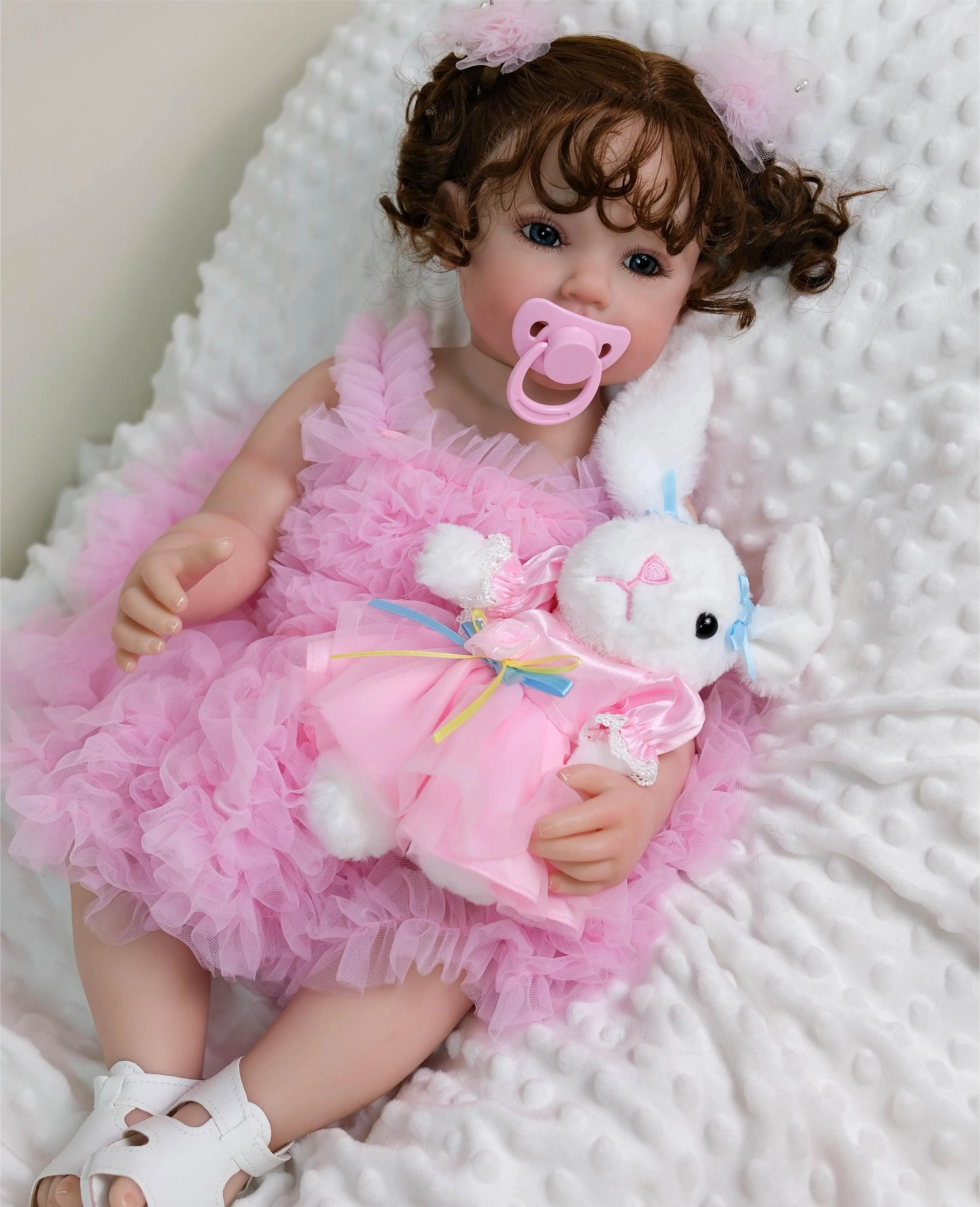 NPK 22'' Ręcznie Malowana 3D Skóra Wysokiej Jakości Całe Ciało Winylowa Lalka Reborn Niemowlę Uśmiechnięta Dziewczynka Bardzo Realistyczna z Włosami na Żyłce na Prezent dla Dziecka