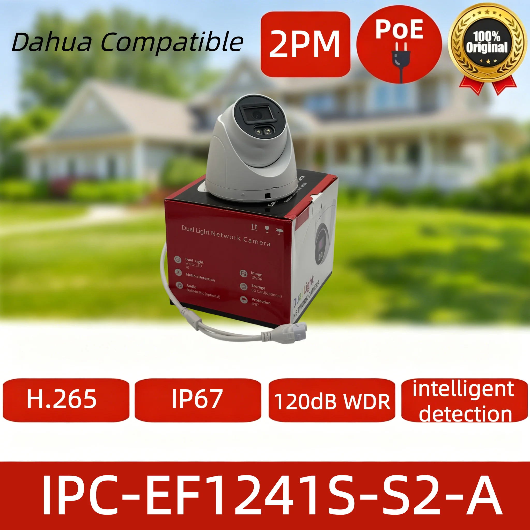 IPC-EF1241S-S2-A 2MP PoE camera features IR night vision, IP67 waterproof, built-in audio and human detection Dahua Compatible
