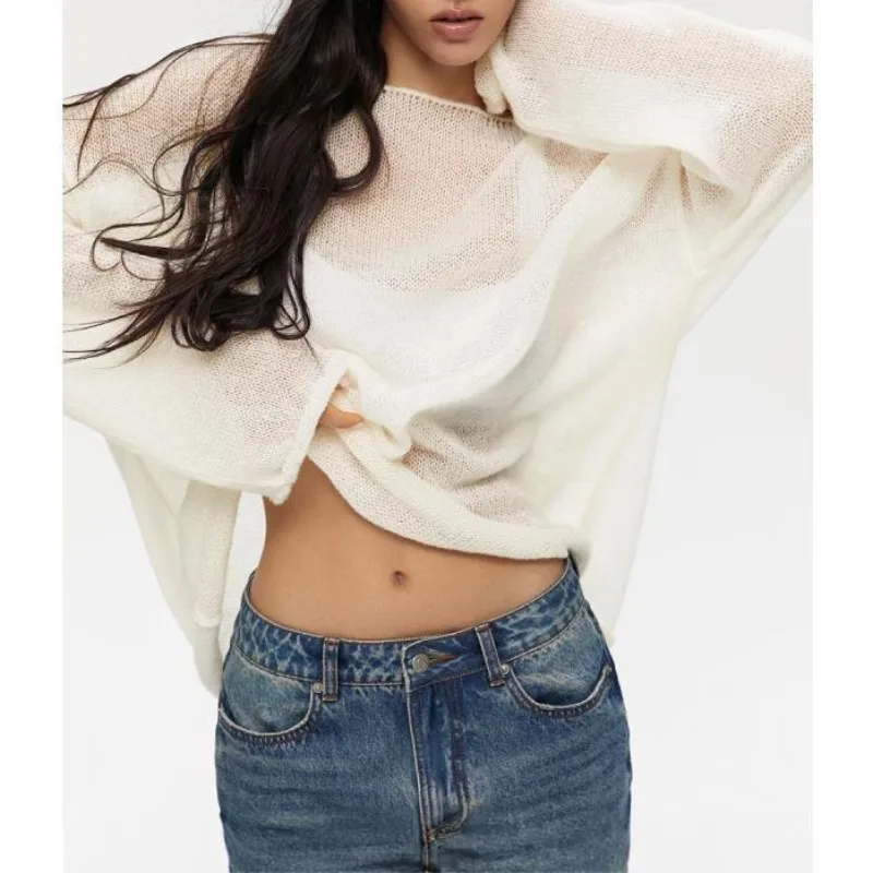 

Deeptown Casual Oversized Women Sweaters Elegant See Through Knitted Pullovers Pink White Long Sleeve Jumper 2024 Autumn New