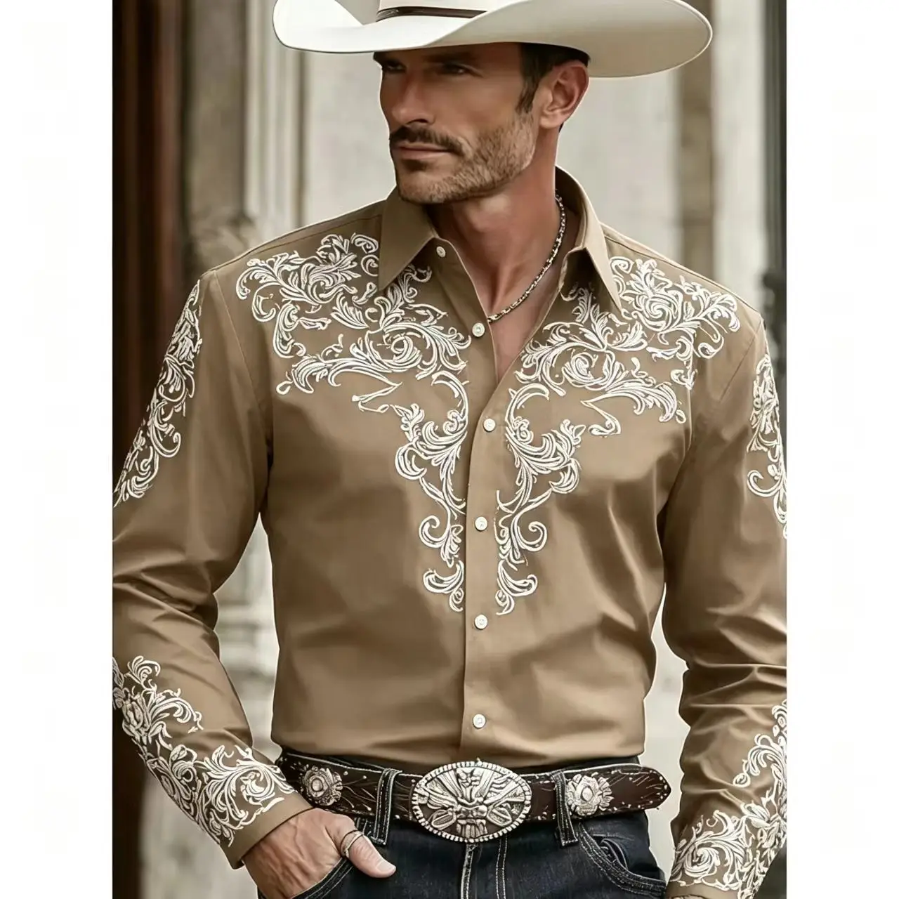 Men's Retro 3D Printed Western Denim Shirt  Long Sleeved Shirt  Urban Fashion  Classic Shirt  men's 2027 New Shirt  Size