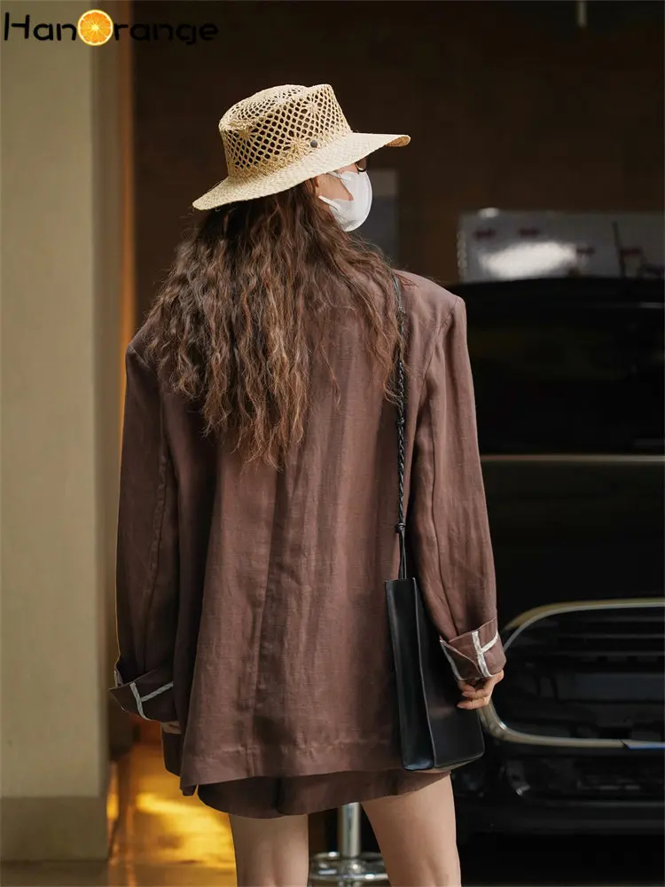 HanOrange 2024 Summer Vintage Lyocell Linen Blazer Jacket Women Loose Silhouette Slim Sunscreen Coat Female Grey Green/Coffee