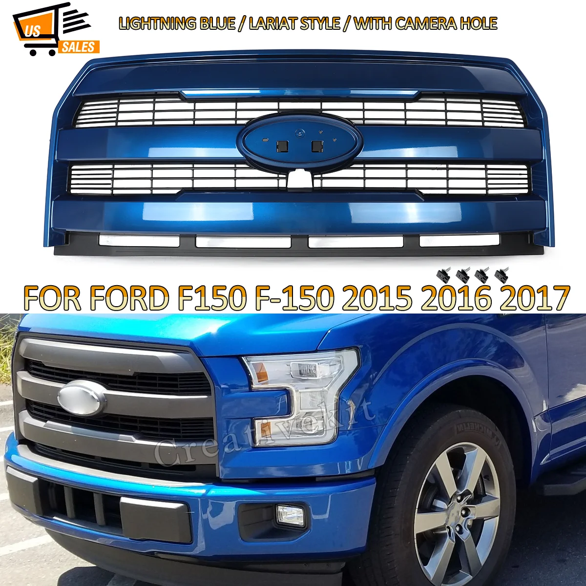 For 2015-2017 Ford F150 F-150 Front Radiator Grill Lightning Blue & Black N6 Lariat Style Front Grille Assembly With Camera Hole