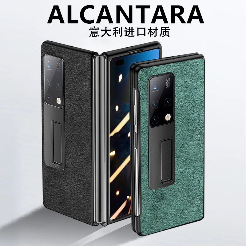 Luxury Alcantara Phone Case for Huawei Mate X2 MateX2 Foldable Screen Hidden Bracket Stand Holder Suede Leather Back Cover