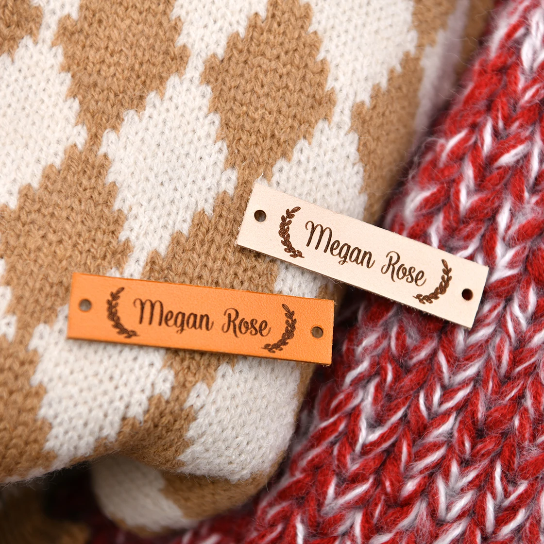 

Personalized Sewing Leather Tag with Custom Logo or Text, Hats Knits Tag,Crochet and Handmade Brands, Clothes Tags, 12.5x50mm