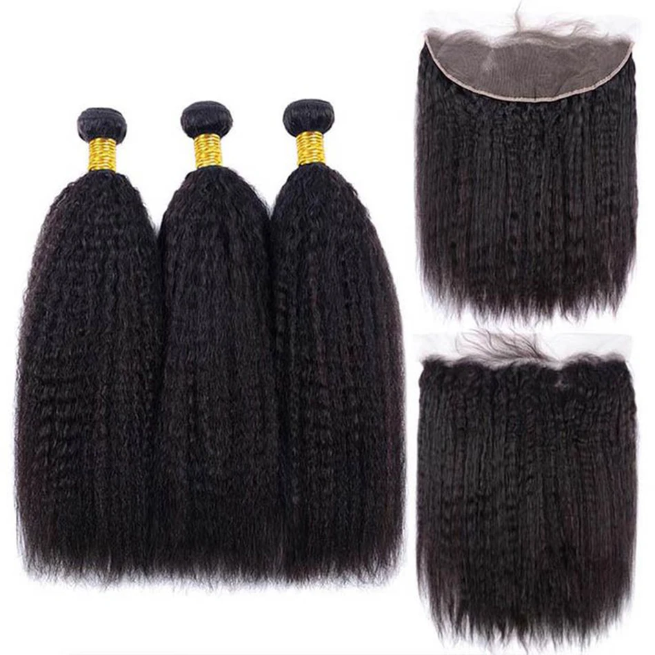 Kinky Straight Human Hair Bundles Extensions 100% Unprocessed Natural colour Closure Hair 13x4 Front Lace Only Hair Block