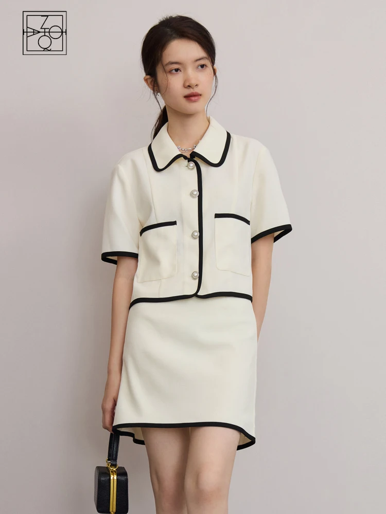 ZIQIAO Temperament Celebrity Style Patchwork Shirt Skirt Suit Female Summer Chic Short-sleeved Top + Mini Skirt Sets for Women