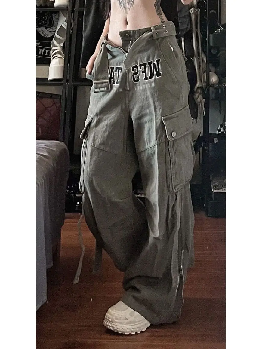 Gray Cargo Slacks Women's Early Autumn Letter Embroidery Jeans Straight Draping Loose Wide-leg Long Pants Y2K Style Slouchy Jean