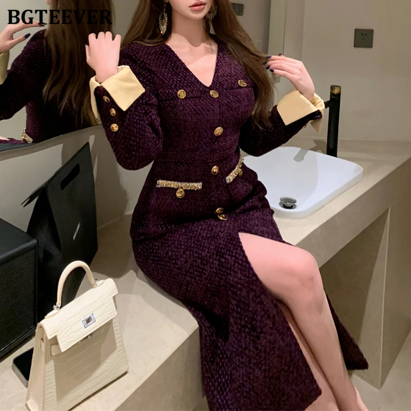 BGTEEVER Vintage Slim Waist Female Single-breasted Package Hip Dress Elegant V-neck Long Sleeve Female Split Bodycon Dress