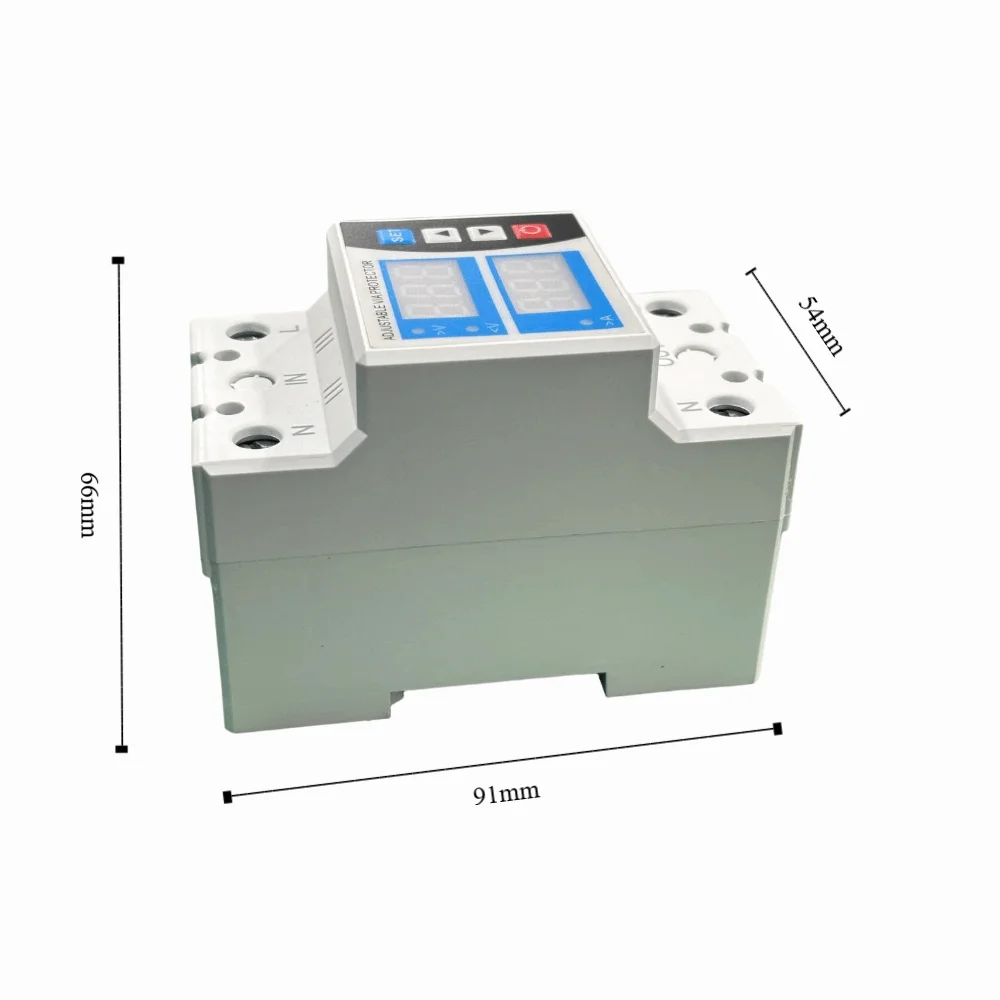 Automatyczny ochronnik przeciwprzepięciowy i podnapięciowy 240V~300V 63A z regulacją napięcia, montowany na szynę DIN, z dwoma wyświetlaczami.