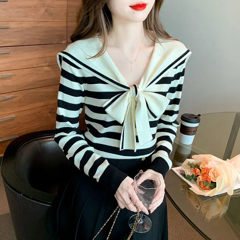 2023 Autumn Winter Stripe Fashion Harajuku Knitting Tops Women Casual All Match Sweater Long Sleeve Pullover Bow Female Clothes