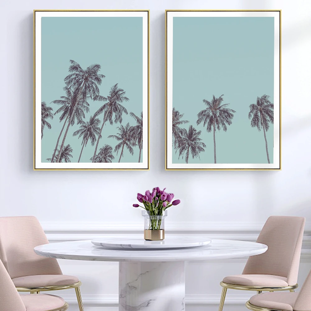 

Nordic Beach Palm Trees Art Poster Prints For Office Home Decor Sky Blue Tones Art Nature Landscape Canvas Painting Wall Art