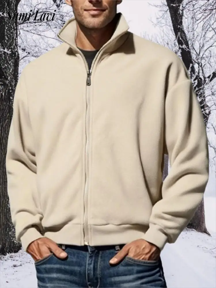 

Vintage Zip-up Stand Collar Fleece Sweatshirts Mens Autumn New Casual Solid Color Loose Jacket Coat For Men Daily Leisure Coats