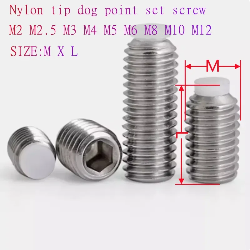 20pcs-100pcs/lot M2 M2.5 M3 M4 M5 M6 M8 M10 M12 Nylon Tip Dog Point Set Screw Stainless Steel Hex Socket Grub Screw